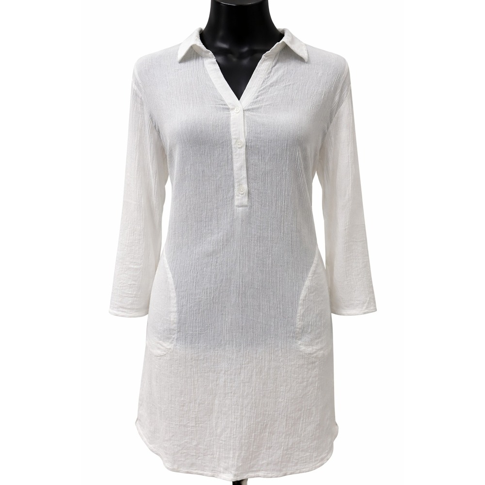 Talbots Womens Swimsuit Beach Cover Up Tunic Dress Medium White Crinkle Cotton